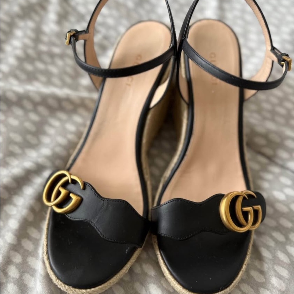 Black Leather Sandals with Gold Accents